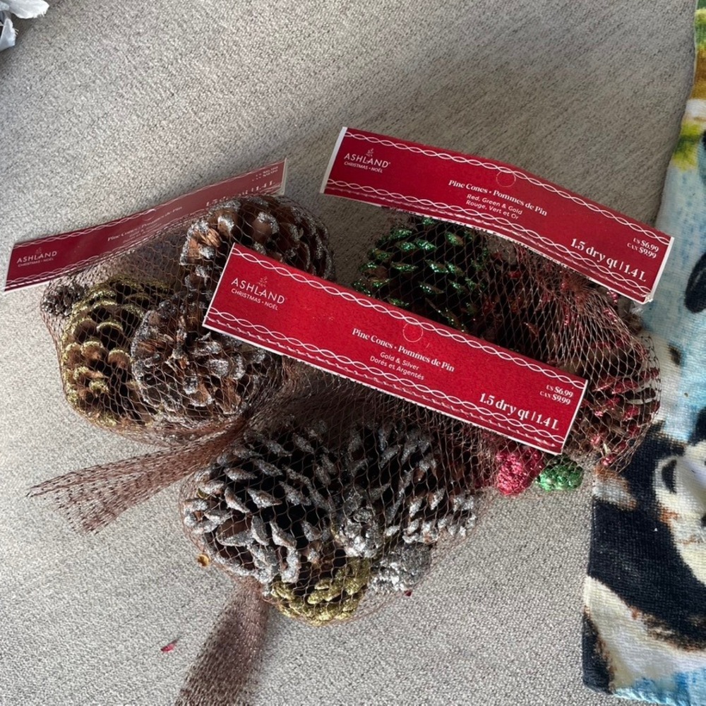 Ashland Christmas Pine Cones Red Green Gold &‎ Silver Glitter Mesh Bags